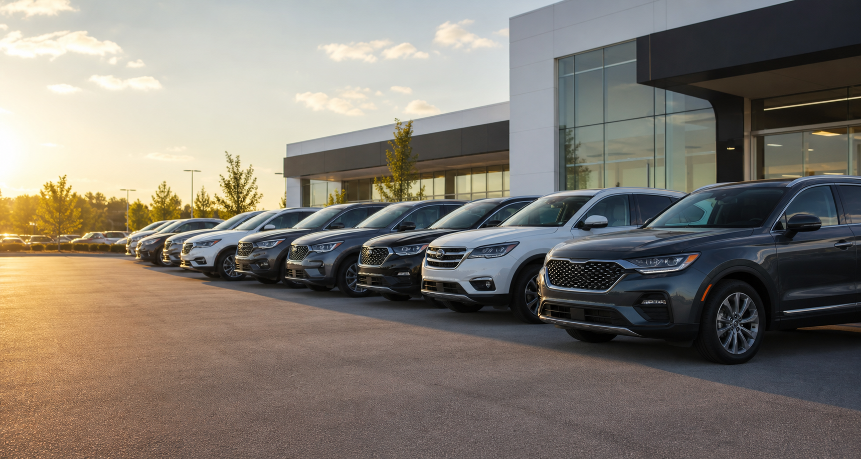 Modern car dealership lot with clean cars and SUVs
